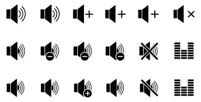 Manage your audio with these icons for volume control, mute, and sound level adjustments in a clean, modern design, perfect for app development vector