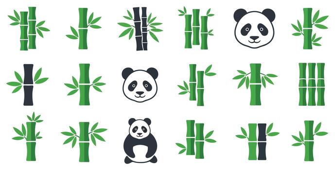 Invite tranquility into your designs with these charming panda and bamboo graphics, perfect for nature themes and serene projects vector