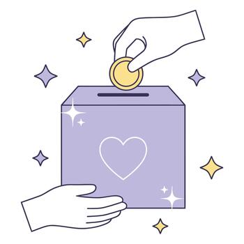 Generous hand donating coin to charity box with heart symbol, symbolizing kindness, giving, and support for good causes with sparkling stars vector
