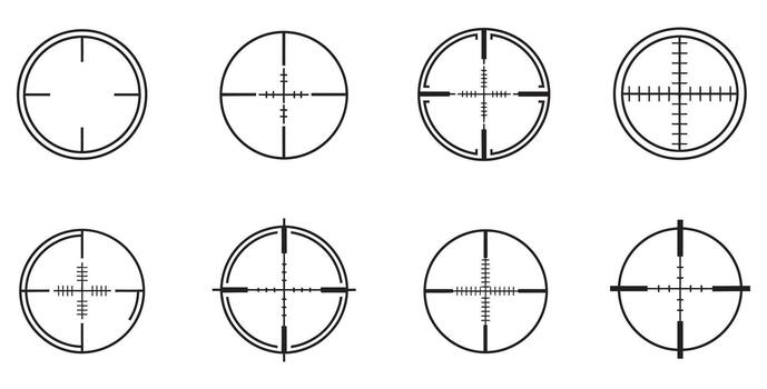 Diverse sniper scope reticles collection, offering precision targeting options for tactical applications and gaming vector