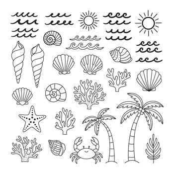 Create stunning summer designs with this awesome ocean doodle collection featuring shells, waves, palm trees, and cute sea creatures for your projects vector