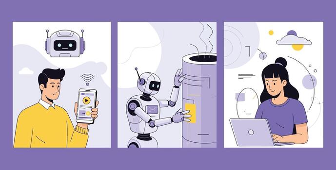 Modern entrepreneurs and AI interact seamlessly through technology in vibrant digital workspaces, showcasing innovation and future collaboration. vector