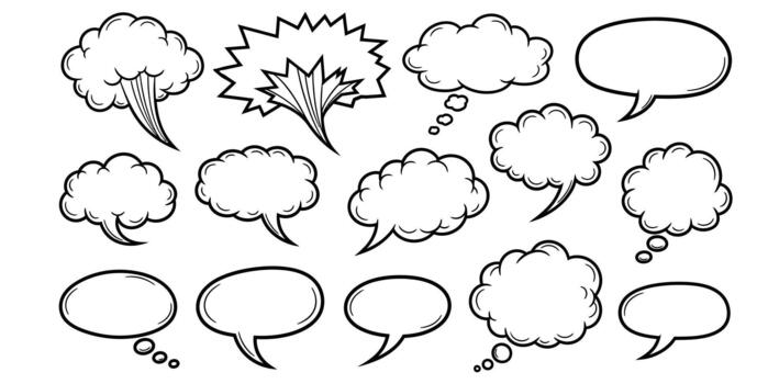 Comic book speech bubbles with outline in black and white offer dynamic design elements for creative projects and emphasize communication for social media vector