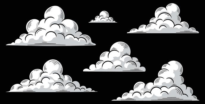 Dramatic monochrome clouds with bold outlines and hatching details create a striking visual for atmospheric design and sky-themed projects vector