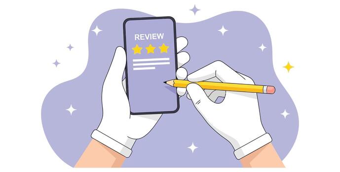 Hands in white gloves holding a smartphone displaying a review with three yellow stars and a pencil poised to write, symbolizing feedback and customer satisfaction. vector