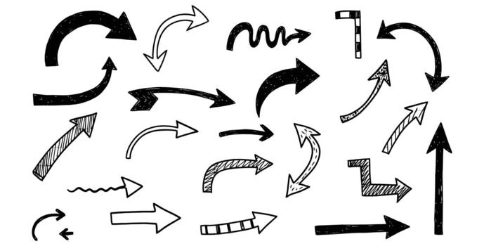Dynamic hand drawn arrow collection showcasing direction and progress for modern design and infographic projects vector
