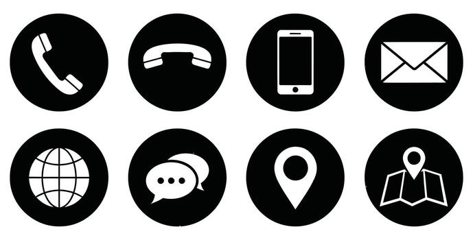 Modern communication icons set, featuring phone, mobile, email, globe, chat, and location for digital business and contact solutions vector