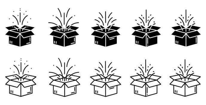 Exciting open boxes with bursting confetti and streamers, symbolizing surprise, celebration, and product launch, perfect for marketing campaigns. vector