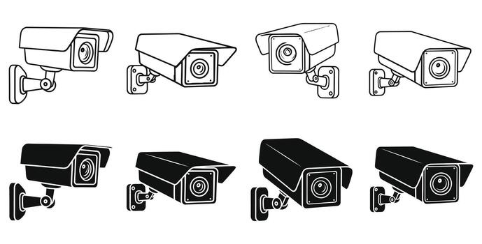 Eight distinct security camera icons, a professional collection featuring both outline and solid black styles for modern surveillance needs vector