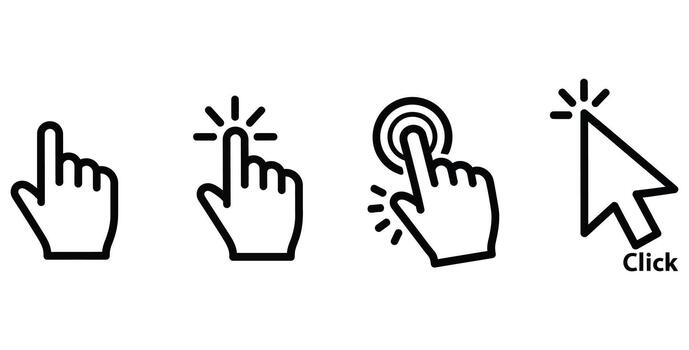 descubrir dinámica hacer clic iconos, mano gestos, y cursor punteros representando digital Interacción y usuario compromiso para sitios web y aplicaciones vector