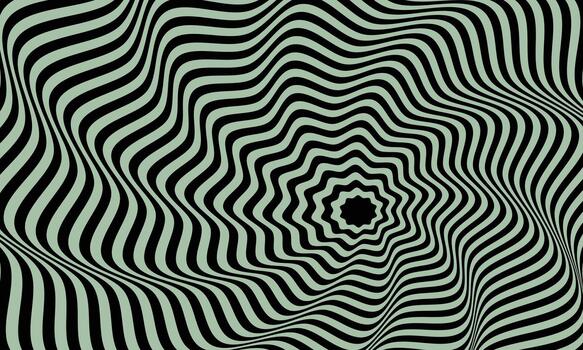Hypnotic black and white optical illusion pattern with wavy lines and starburst effect vector