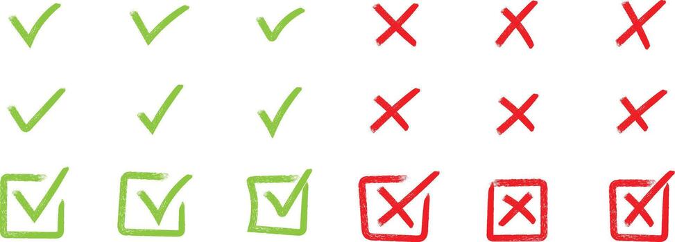 Rows of green checkmarks and red crosses indicating correct and incorrect choices on a white background vector