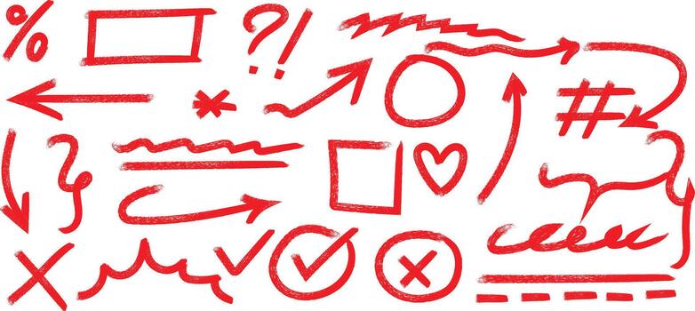 Collection of hand drawn red symbols and arrows on a white background with a textured effect vector