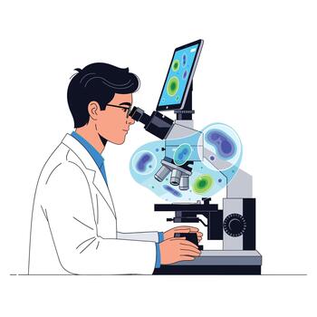 A scientist in a lab coat is looking into a microscope with a digital screen displaying cells, showcasing modern research and technological advancements isolated on vector