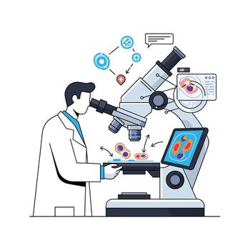 científico utilizando microscopio para célula análisis, con digital interfaz y datos visualización aislado en ilustración de laboratorio investigación vector