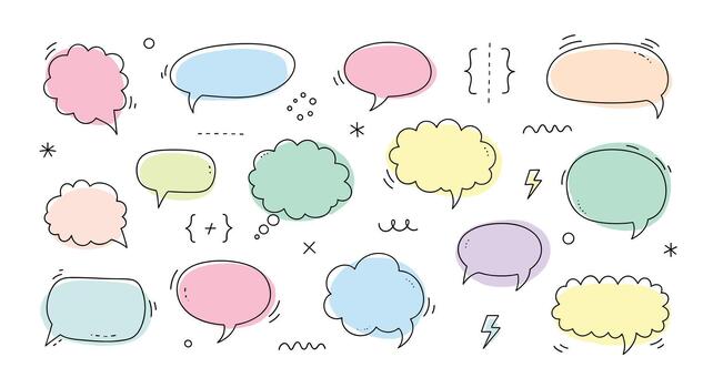 A delightful assortment of pastelcolored speech bubbles, each uniquely shaped and outlined, floats against a pristine white backdrop, creating a playful and whimsical scene vector