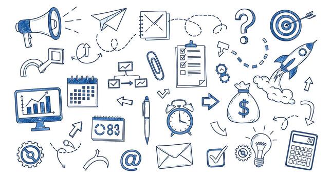 A vibrant array of business and planning doodles, isolated on, showcasing a dynamic mix of concepts and strategies for success and growth vector