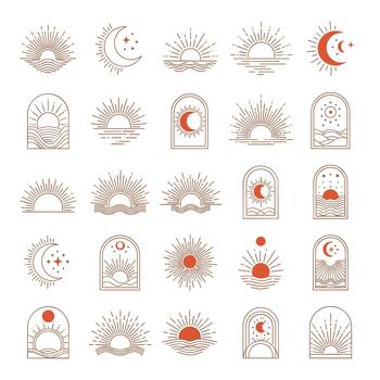 A collection of sun and moon illustrations isolated on, featuring various celestial designs with radiating lines and minimalist aesthetics vector
