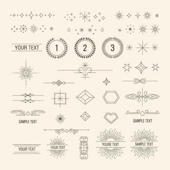 Collection of minimalist design elements, featuring stars, laurels, and geometric shapes, perfect for adding a modern and sophisticated touch isolated on vector
