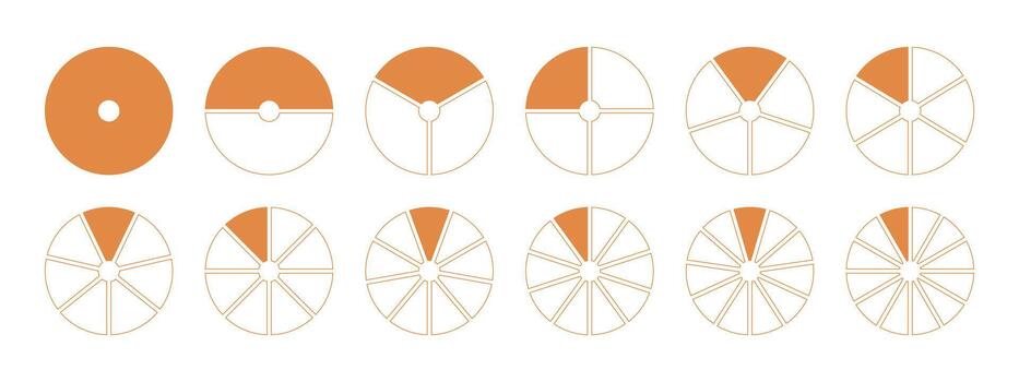 Donut charts, pies segmented on from 1 to 12 equal parts. Coaching blank template. Infographic diagrams. Orange wheels divided in sections. Circle section minimal graph. Pizza chart round icons mockup vector