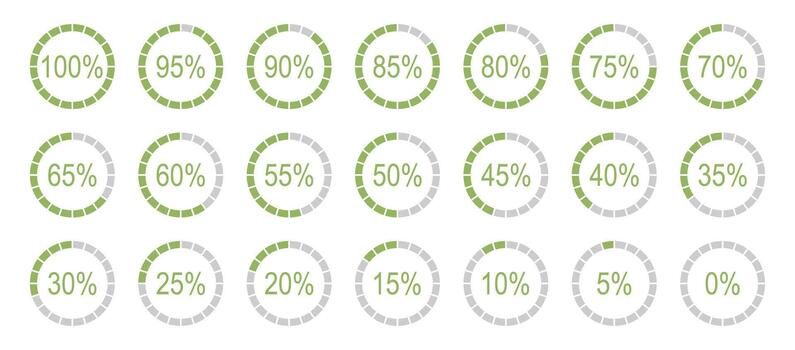 Percentage round diagrams icons for infographics from 0 to 100 percent. Set of infographics elements. Colour fill divided pie charts indicators in green, grey. Circle graph loading progress mockup. vector