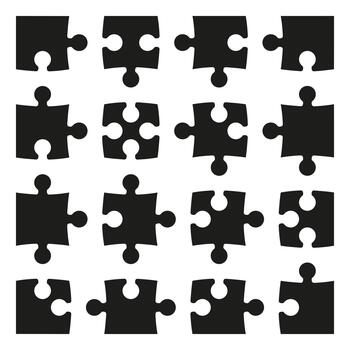 Puzzles mockup. Jigsaw puzzle 16 pieces template. Puzzles game challenge sample. Thinking game 4x4 jigsaws details flat background. Simple mind puzzles piece. Jigsaw black tiles. vector