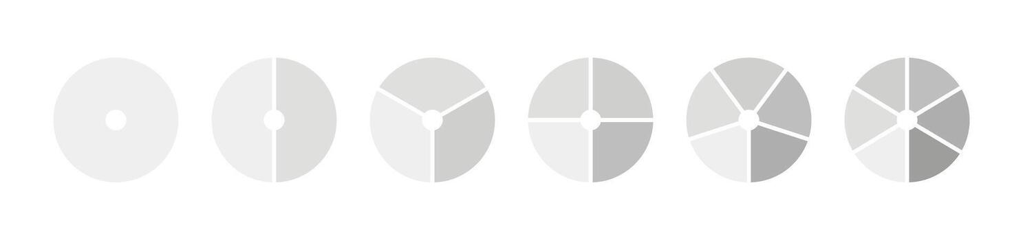 Monochrome diagram with 1, 2, 3, 4, 5, 6 equal sections, steps. Set of pie chart. Circle icons for UI, web design, business presentation, infographic, statistic, analytics. Graphic flat illustration. vector