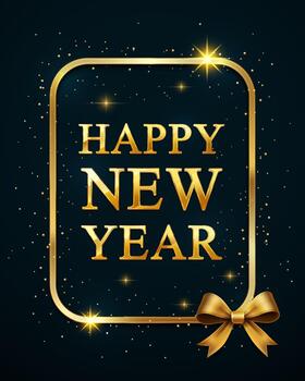 Happy New Year gold text in a vertical frame with a ribbon bow vector
