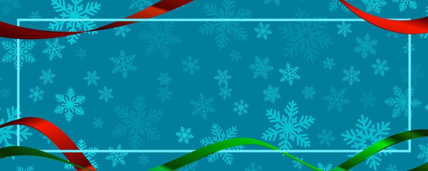 verde azulado antecedentes con copos de nieve, cintas, y un ligero azul rectangular marco vector
