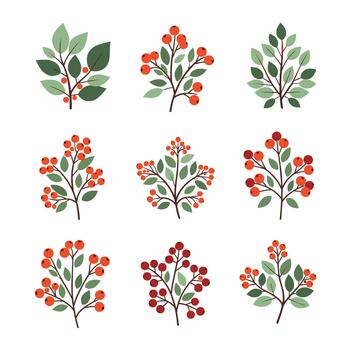 un colección de decorativo botánico ramas con rojo bayas y verde hojas es desplegado en un blanco antecedentes. . vector