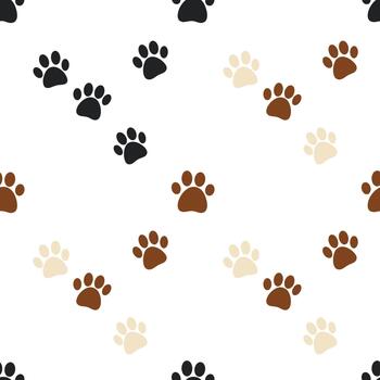 A charming and whimsical pattern of various colored animal paw prints scattered across a clean white background. vector