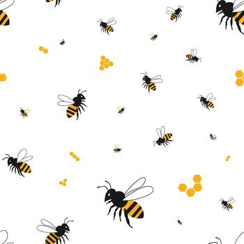 A pattern of flying bees and honeycomb cells in yellow and black on a white background. vector