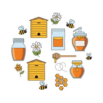 Collection of beekeeping and honey production elements arranged in a circular pattern. vector