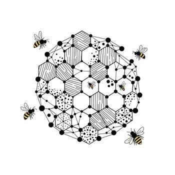 The intricate hexagonal geometric pattern of a beehive with stylized bees flying around it. vector