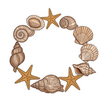 A beautiful arrangement of seashells and starfish creating a natural circular frame perfect for summer beach designs. vector