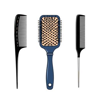 A set of three essential hair styling and grooming tools including a paddle brush and two combs for creating different looks. vector