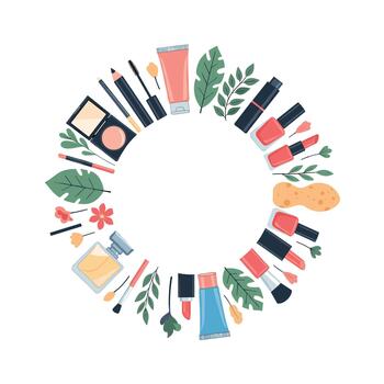 A circular arrangement of various cosmetic products and botanical elements creating a beautiful frame. vector
