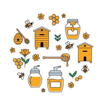 Illustrations of bees honeycombs beehives honey dippers and jars of honey arranged in a circle. vector