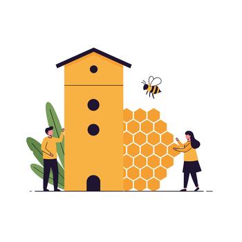 People working together to build a beehive and honeycomb structure. vector
