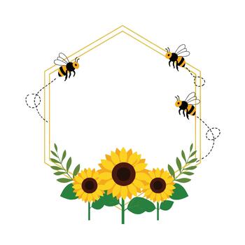 A charming golden hexagonal frame adorned with sunflowers and buzzing bees creating a delightful summer scene. vector