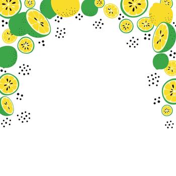 A refreshing collection of vibrant citrus fruit slices and abstract dots scattered across a white background. vector