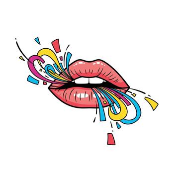 Vibrant lips exploding with colorful abstract shapes and lines. vector