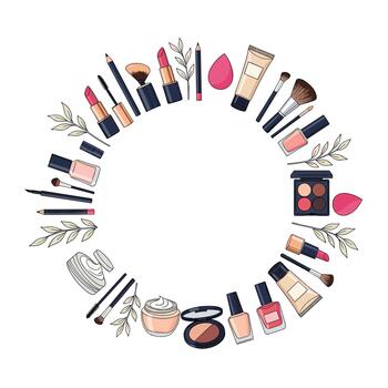 Elegant circular frame illustration featuring an array of makeup products, perfume bottles, and delicate leaves. vector