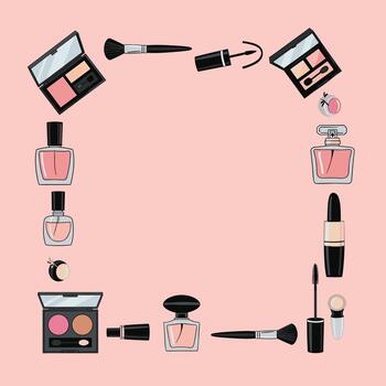 Stylish square frame illustration featuring an array of makeup products and perfume bottles on a soft pink background. vector