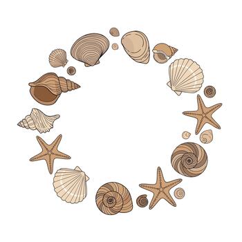 Beautiful circular arrangement of various seashells and starfish in natural earthy tones, creating an elegant marine border on a pristine white background. vector