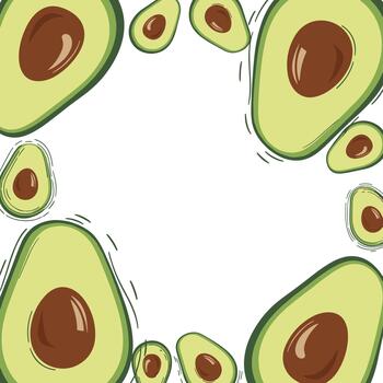 Creative frame composed of numerous halved avocados with pits, creating a fresh border on a white background. vector