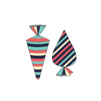Unique illustration of two charming wrapped candies in vibrant striped patterns, one conical and one spade shaped. vector