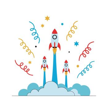 Dynamic illustration of three colorful rockets launching from clouds, surrounded by festive confetti and sparkling stars. vector