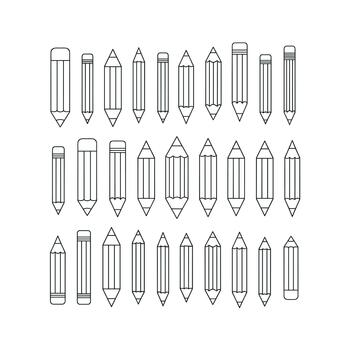 Extensive collection of diverse pencils in clean line art, arranged in rows, ideal for stationery and education themes. vector