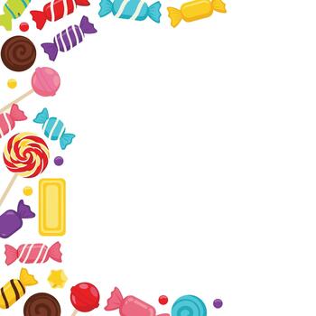 Cheerful decorative frame composed of an assortment of colorful candies and sweets around the edges on a white background. vector